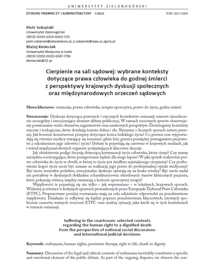 Piotr Sobański, Błażej Kmieciak, "Cierpienie na sali sądowej: wybrane konteksty dotyczące prawa człowieka do godnej śmierci z perspektywy krajowych dyskusji społecznych oraz międzynarodowych orzeczeń sądowych" image